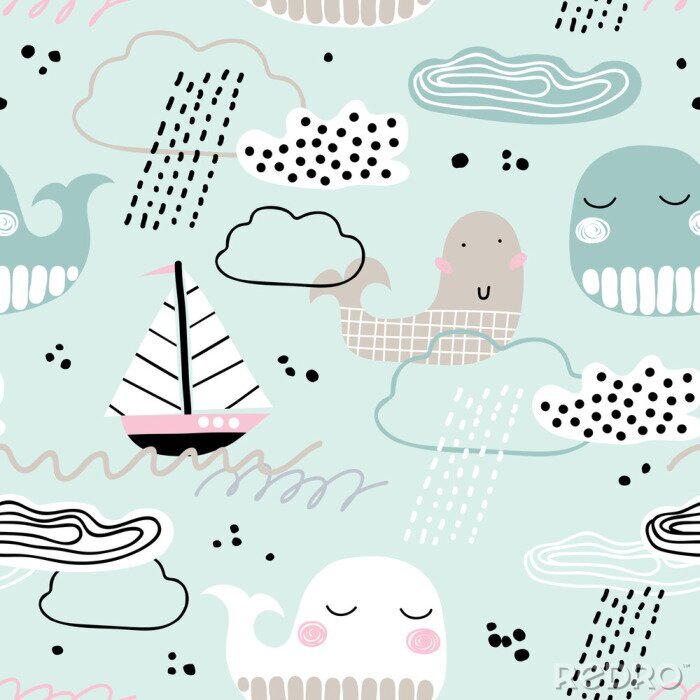 Sticker  Modèle sans couture enfantin avec baleine, bateau, nuages ​​et vagues. Style scandinave. Fond de marina d'été. Parfait pour le tissu, le textile. Fond de vecteur Couleurs pastel