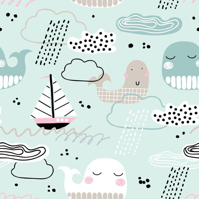Sticker  Modèle sans couture enfantin avec baleine, bateau, nuages ​​et vagues. Style scandinave. Fond de marina d'été. Parfait pour le tissu, le textile. Fond de vecteur Couleurs pastel