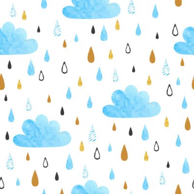 Papier peint à motif  Modèle vectorielle continue avec des nuages ​​aquarelles et des gouttes de pluie.