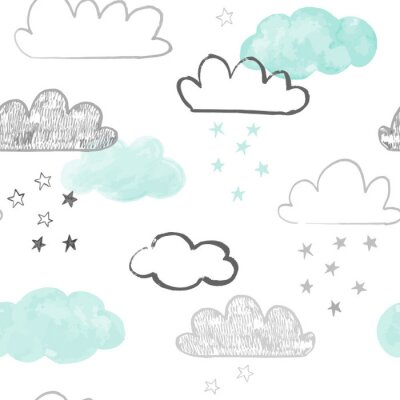 Motif de nuages ​​Doodle. Dessinés à la main vecteur fond transparent avec des nuages ​​et des étoiles en gris et sarcelle. Imprimé de style scandinave.
