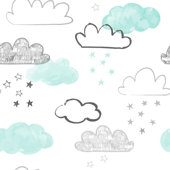 Sticker  Motif de nuages ​​Doodle. Dessinés à la main vecteur fond transparent avec des nuages ​​et des étoiles en gris et sarcelle. Imprimé de style scandinave.