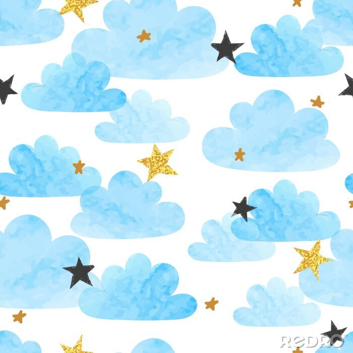 Sticker  Motif de nuages ​​et étoiles aquarelle bleue vectorielle continue.