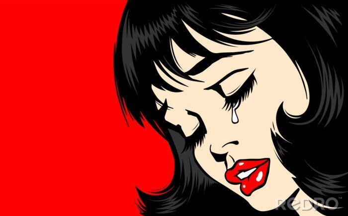 Sticker  Pop Art Woman сlose-up. beautiful girl in pop art style crying. tear on the lady's face. The lush red lips of a sexy brunette. Vector. Illustration on red background. Women Health. Menstruation.