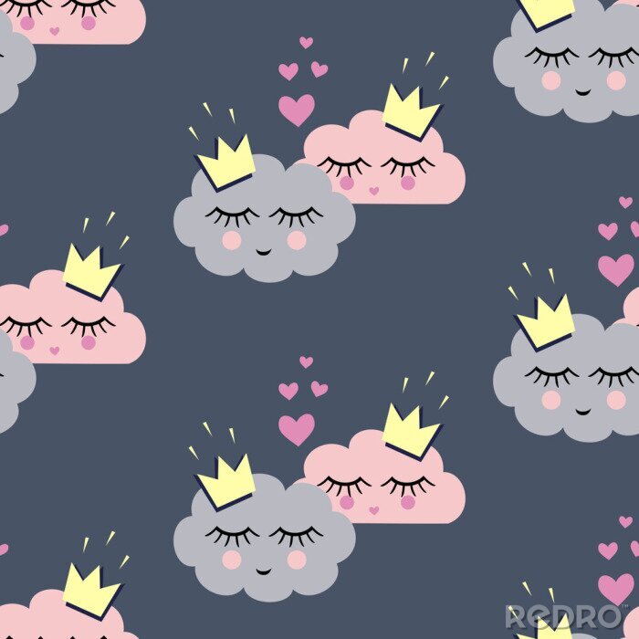 Sticker  Seamless avec couchage nuages ​​souriants dans l'amour pour les vacances. Design inhabituel pour la Saint Valentin. Enfant style de dessin. Vector illustration. Concept de fond Amour