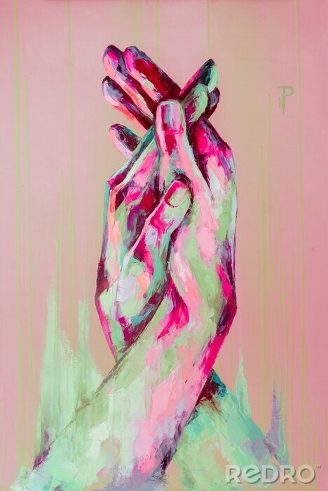 Sticker  “Support” - oil painting. Conceptual abstract picture of holding hands. The background is painted with acrylic with smudges. Conceptual abstract closeup of an oil painting and palette knife on canvas.