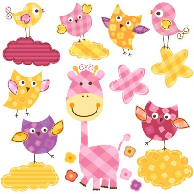 Sticker  Une girafe rose parmi les nuages ​​et les oiseaux