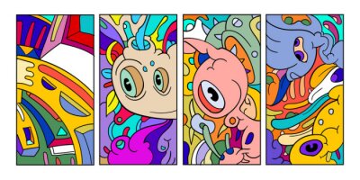 Sticker  Vector abstract cartoon doodle skull, bone, insect, and head colorful illustration. Set of Liquid and fluid abstract tribal tattoo, sticker, banner, social media story, and wallpaper background.