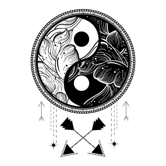 Sticker  Yin yang tattoo art style. Bohemian logo, badge, sign with waves. Adventure vibes.