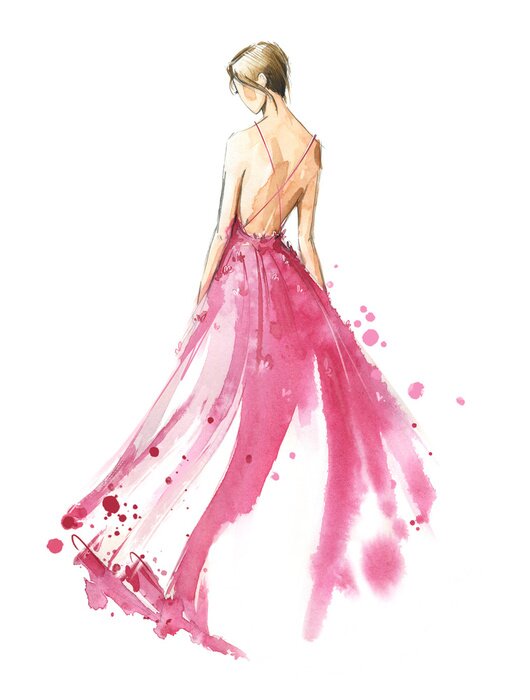 Sticker  Young woman wearing long evening dress, bride. Watercolor illustration