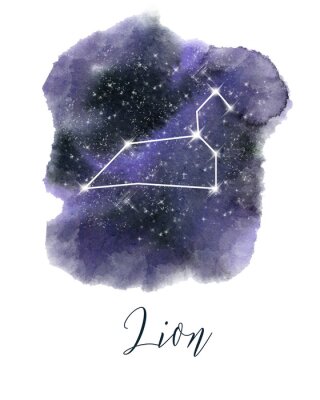 Sticker  Zodiac sign Leo. Dark blue hand drawn watercolor night sky with stars. Rough, artistic edges. Raster version.