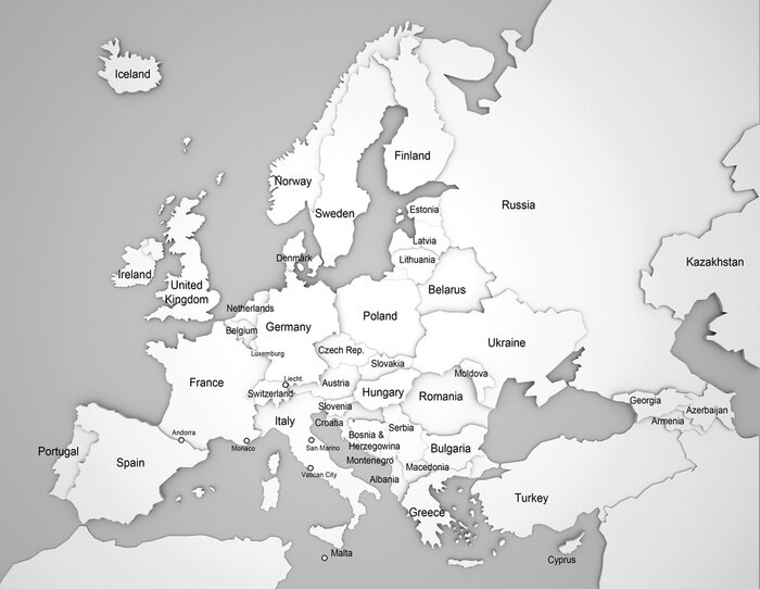 Tableau  3D Carte de l'Europe avec des noms de pays en anglais