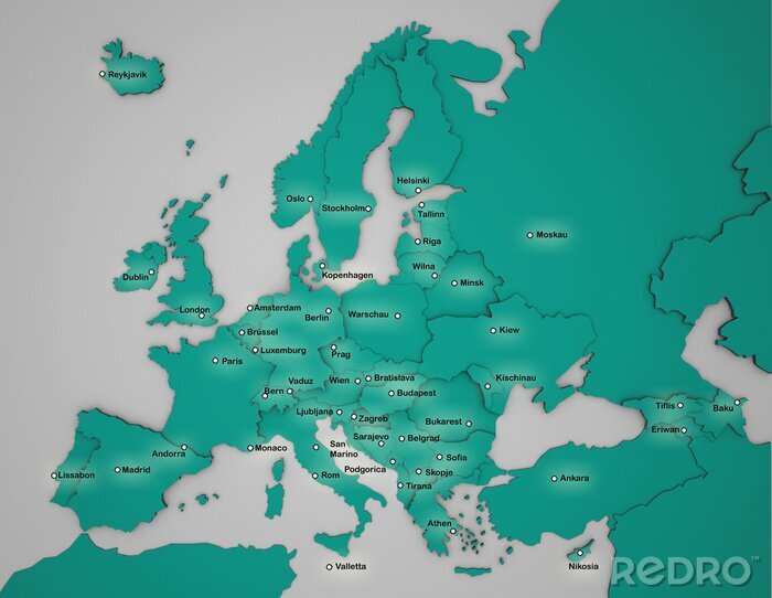 Tableau  3D Europakarte mit Hauptstädten dans türkis