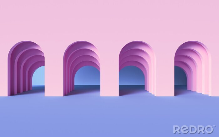 Tableau  3d render, abstract modern geometric background, architectural concept, arch inside pink wall, paper layers