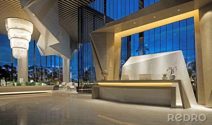 Tableau  3d render of modern hotel reception lobby