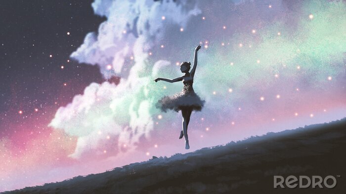 Tableau  a ballerina dancing with fireflies on the hill against the night sky, digital art style, illustration painting