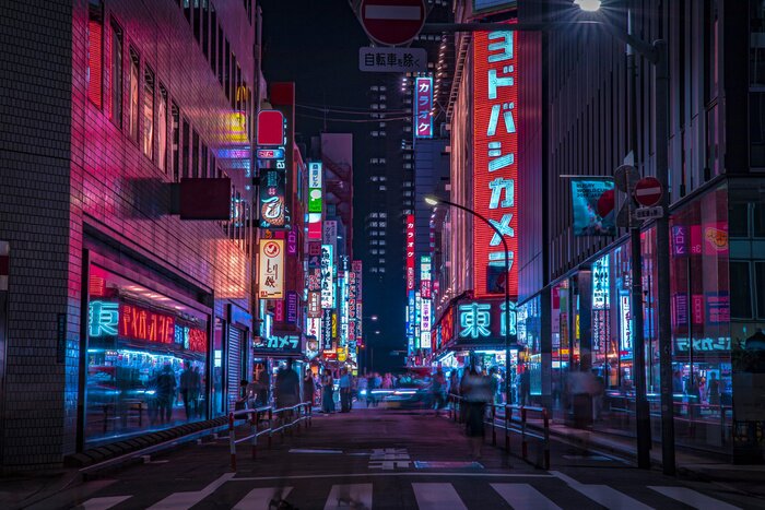 Tableau  A night of the neon street at the downtown in Shinjuku Tokyo wide shot