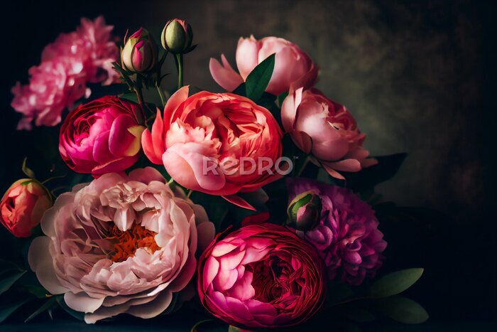 Tableau  A pink peony bouquet.  Generative AI.