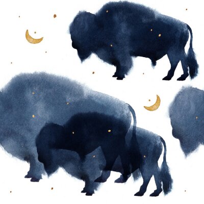 Tableau  A seamless pattern with watercolor realistic bison silhouette on white background
