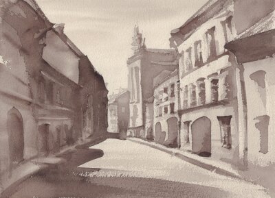 Tableau  A sketch of city street, sepia color. Watercolor style