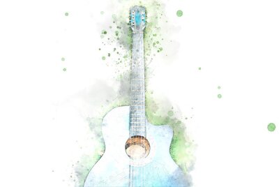 Tableau  Abstract acoustic guitar on green grass on watercolor illustration painting background.