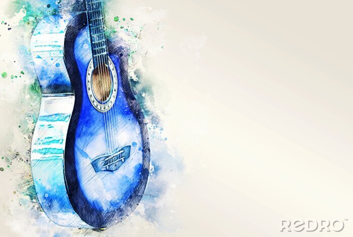Tableau  Abstract acoustic guitar on watercolor illustration painting background.