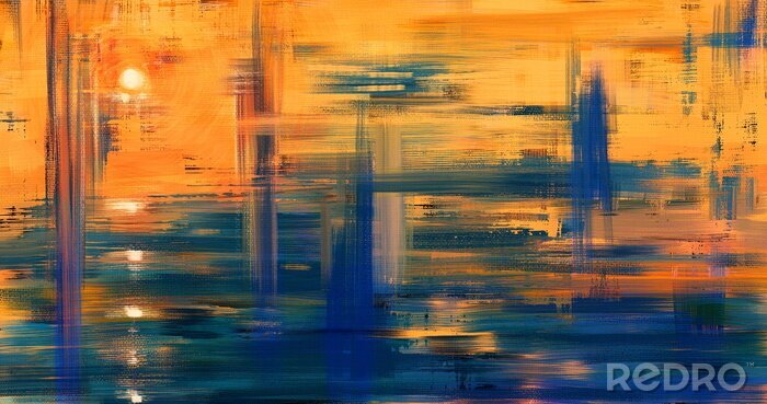Tableau  Abstract art landscape painting, background illustration. Sunset artwork on canvas in 4K size. Oil painted fine art. Yellow hand drawn wall art with water reflection