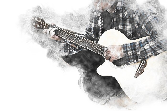 Tableau  Abstract beautiful man guitarist playing acoustic guitar in the foreground on Watercolor painting background and Digital illustration brush to art.