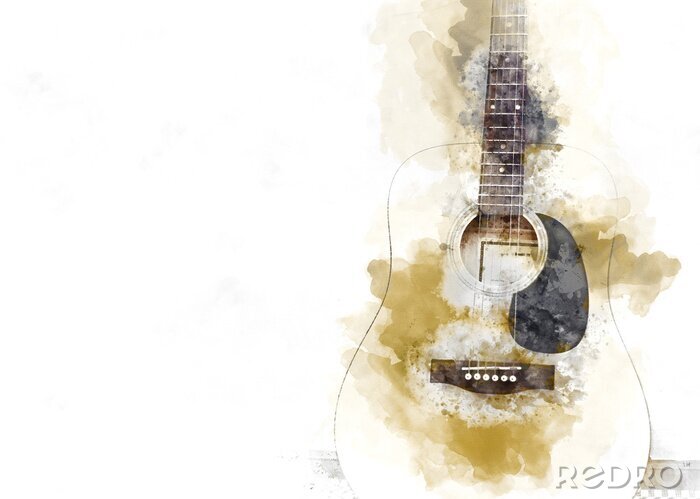 Tableau  Abstract colorful Acoustic Guitar in the foreground on Watercolor illustration painting background.