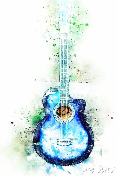 Tableau  Abstract colorful blue shape on acoustic guitar in the foreground Close up on Watercolor illustration painting background.