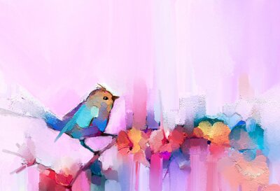 Tableau  Abstract colorful oil, acrylic painting of bird and spring flower. Modern art paintings brush stroke on canvas. Illustration oil painting, animal and floral for background.