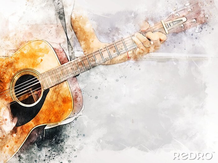 Tableau  Abstract colorful shape on acoustic Guitar in the foreground on Watercolor painting background and Digital illustration brush to art.