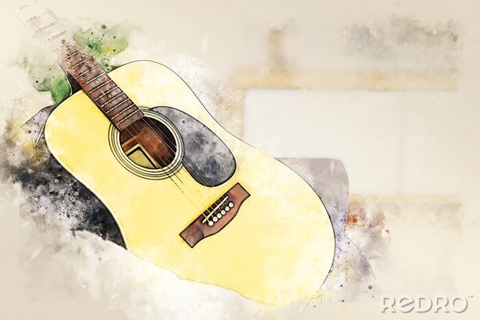 Tableau  Abstract colorful shape on acoustic guitar in the foreground on watercolor painting background and digital illustration brush to art.