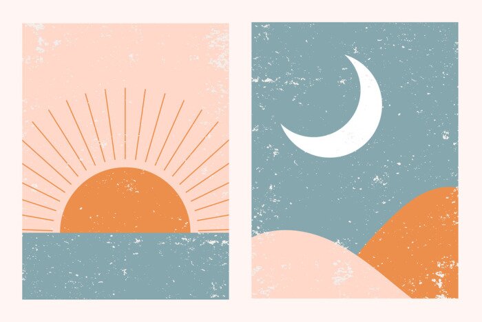 Tableau  Abstract contemporary aesthetic background landscape set with Sun, Moon, sea, mountains. Earth tones, pastel colors. Boho wall decor. Mid century modern minimalist art print. Flat abstract design.