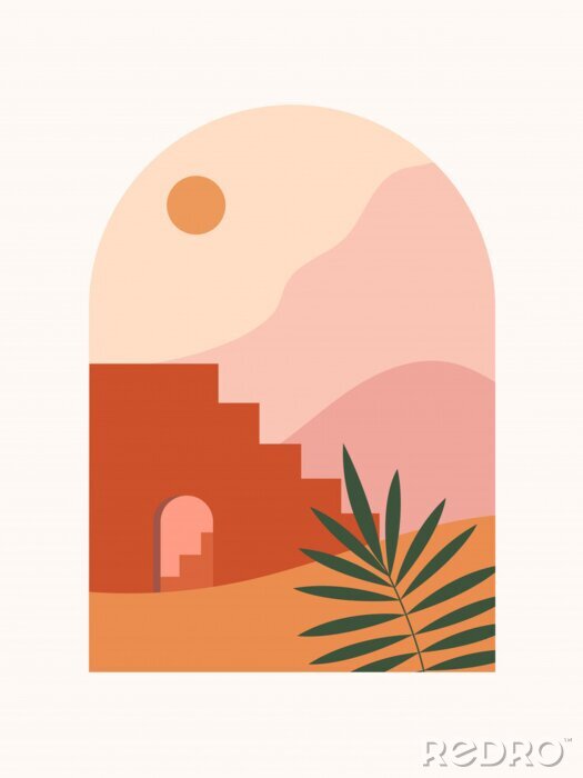 Tableau  Abstract contemporary aesthetic background with desert landscape, stairs, palm, mountains, Sun. Earth tones, burnt orange, terracotta colors. Boho wall decor. Mid century modern minimalist art print.