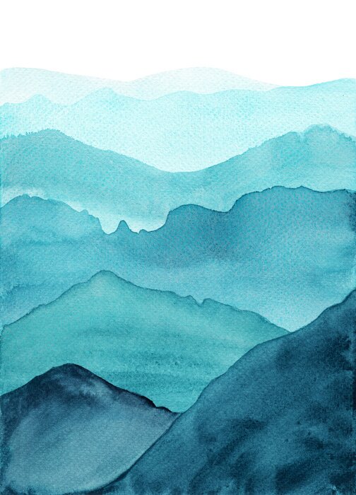 Tableau  abstract indigo blue watercolor waves mountains on white background