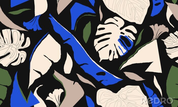 Tableau  Abstract jungle plants illustration pattern. Creative collage contemporary floral seamless pattern. Fashionable template for design.