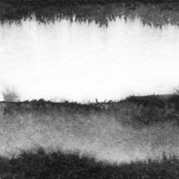 Tableau  Abstract landscape ink hand drawn illustration. Black and white ink winter landscape with river. Minimalistic hand drawn illustration card background poster banner. Hand drawn watercolor black lines.