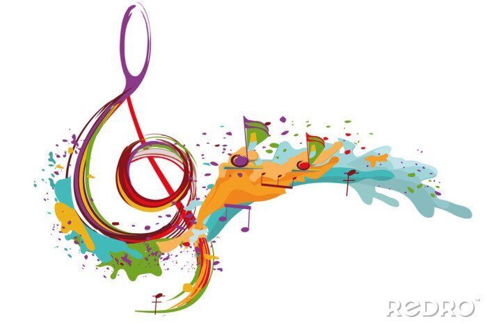 Tableau  Abstract musical design with a treble clef and colorful splashes and waves. Hand drawn vector illustration.