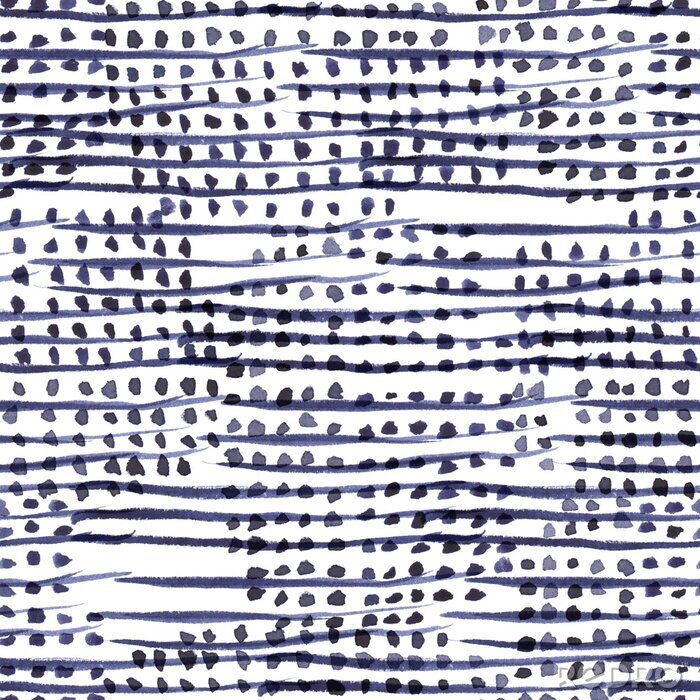 Tableau  Abstract navy blue stripes and dots. Seamless watercolor pattern