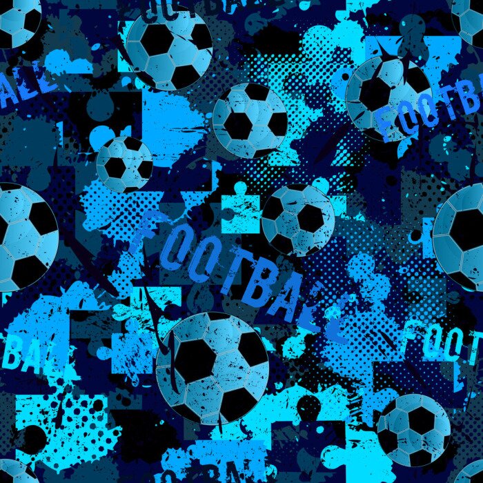 Tableau  Abstract seamless football pattern for boys. Sport football pattern. Grunge sport urban backdrop with football ball. Sport wallpaper on black background with multicolor spots. Repeated pattern.