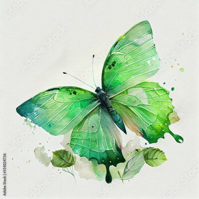 Tableau  Abstract watercolor green butterfly. Digital . AI