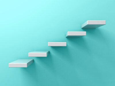 Tableau  Abstract white stairs or five steps  business concept on blue green pastel color wall background with shadow 3D rendering