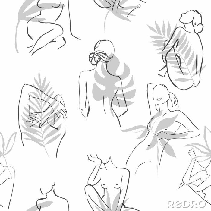 Tableau  Abstract women's silhouette minimalist line and tropical palm leaves. Aesthetic contour. Sketch.The seamless patterns are absolutely perfect for packaging, textiles or tissue paper, cover, fabric.