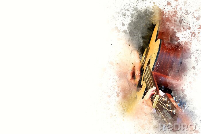 Tableau  Abstrait beau homme jouant de la musique de guitariste Aquarelle de peinture d'arrière-plan et illustration numérique à l'art.