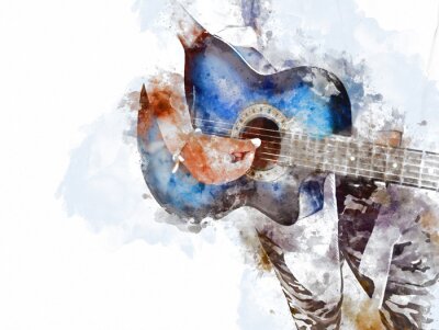 Tableau  Abstrait beau jeu de guitare acoustique au premier plan sur fond de peinture aquarelle et illustration numérique brosse à art.
