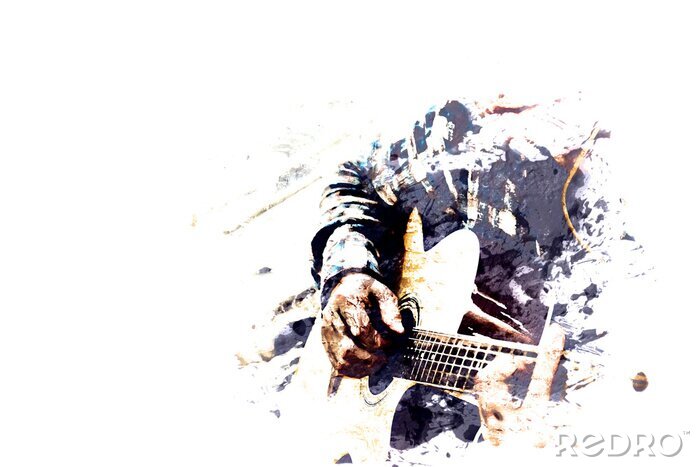 Tableau  Abstrait beau jeu de guitare acoustique au premier plan sur fond de peinture aquarelle et illustration numérique brosse à art.