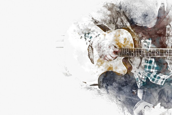 Tableau  Abstrait beau jeu de guitare acoustique au premier plan sur fond de peinture aquarelle et illustration numérique brosse à art.