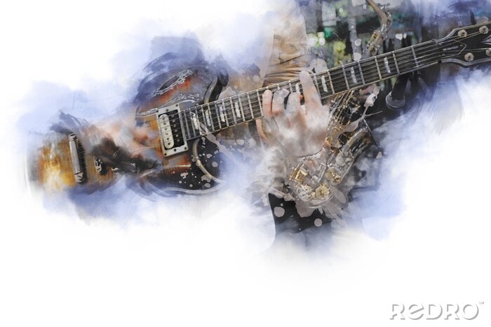 Tableau  Abstrait beau jeu guitare et saxophone au premier plan, fond de peinture aquarelle et brosse illustration numérique à l'art ..