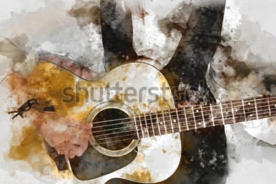 Tableau  Abstrait belle femme jouant du guitariste au premier plan. Gros plan, fond de peinture aquarelle et pinceau d'illustration numérique à l'art.