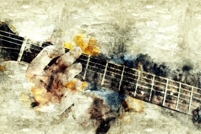 Tableau  Abstrait belle guitare jouant au premier plan sur fond de peinture à l'aquarelle et brosse illustration numérique à l'art ..